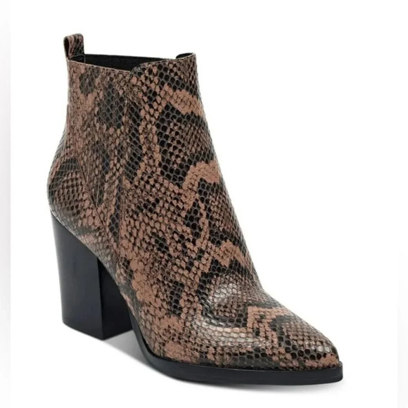 MARC FISHER Brown/Black Snake Skin Leather Pointed Toe Block Heel Booties Size 8 - Picture 1 of 9